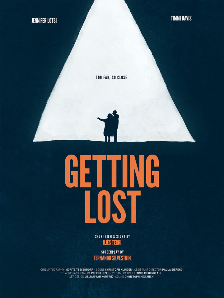 Thumbnail 'Getting Lost' by Iliès Terki. It features two silhouetted figures embracing under a beam of light, with a dark background and the title in bold orange letters.